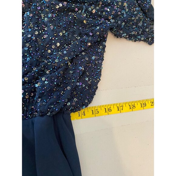 Jkara Formal Maxi Dress Navy Blue Heavily Sequined Chiffon Gown Size 10 - Picture 7 of 9